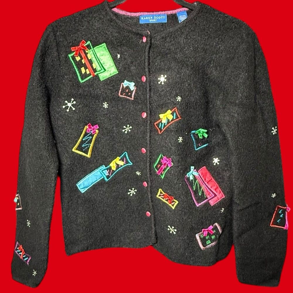 Karen Scott 100% Wool Ugly Christmas Sweater Black Button Up‎ Small VTG Novelty